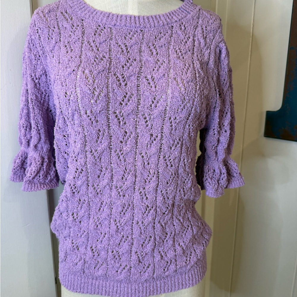 Skies Are Blue Lilac Openwork Knit Crewneck Sweater